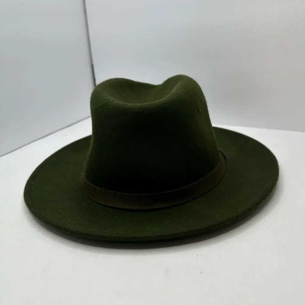 Olive Green Wool Wide Brim Fedora Hat Braided Suede Band One Size